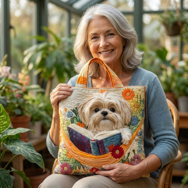 Håndlaget Veske – Shih Tzu med Bøker og Blomster