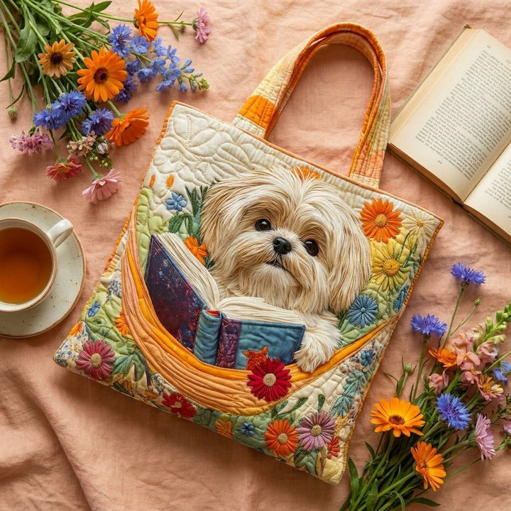 Håndlaget Veske – Shih Tzu med Bøker og Blomster