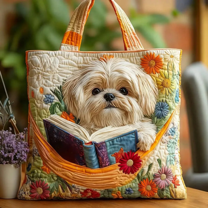 Håndlaget Veske – Shih Tzu med Bøker og Blomster