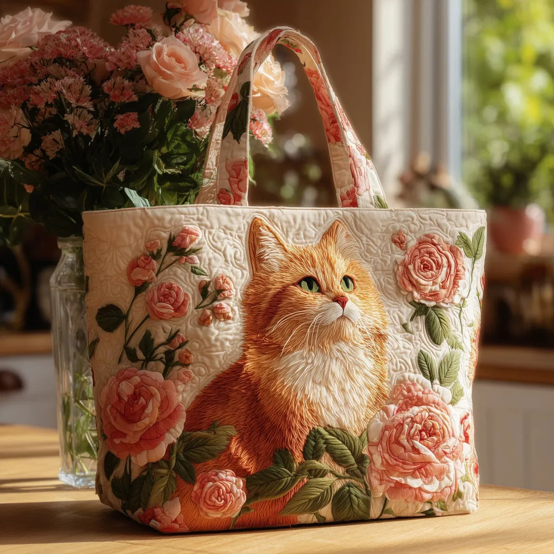Håndlaget Veske – Oransje Katt med Roser