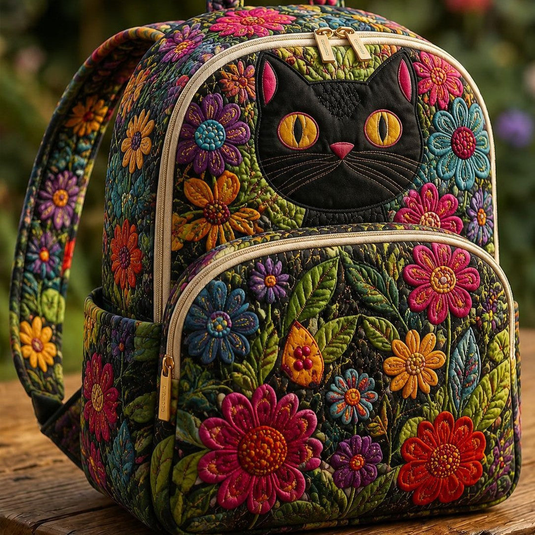 Astrid & Magnus Handverk Quiltet Ryggsekk – Sort Katt & Ville Blomster