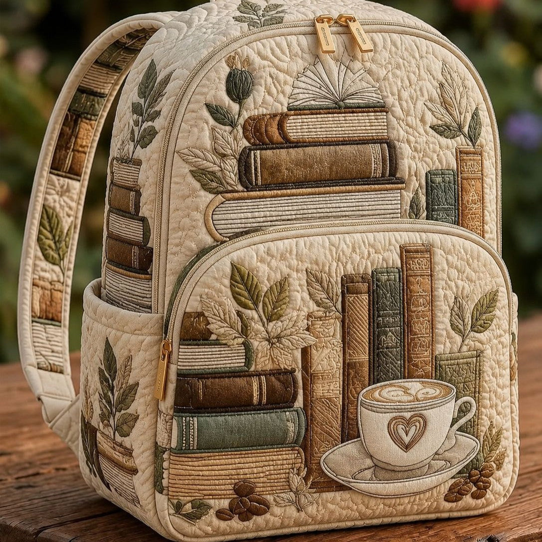 Astrid & Magnus Handverk Quiltet Ryggsekk – Vintage Bok & Kaffe