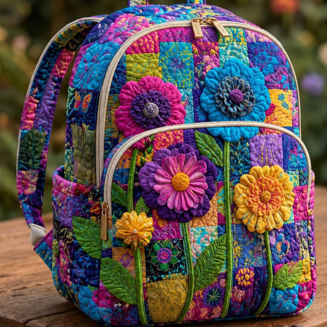 Astrid & Magnus Handverk Quiltet Ryggsekk – Fargerik Lappeteknikk Blomster