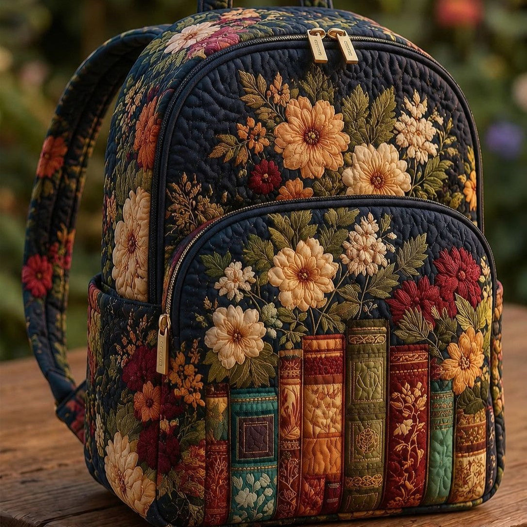Astrid & Magnus Handverk Quiltet Ryggsekk – Vintage Bok & Mørke Blomster