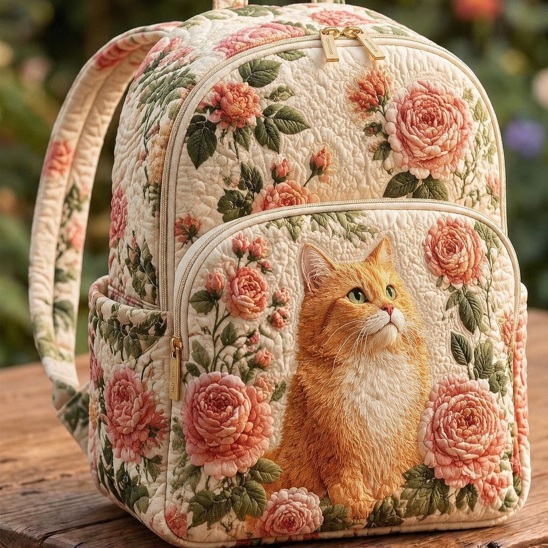 Astrid & Magnus Handverk Quiltet Ryggsekk – Oransje Katt & Rosa Rose