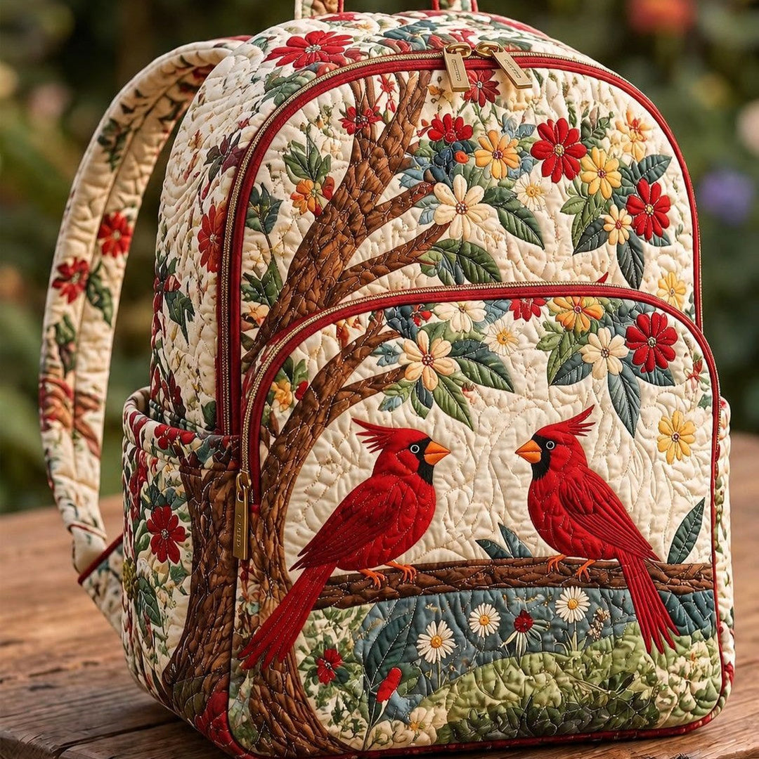 Astrid & Magnus Handverk Quiltet Ryggsekk – Kardinalfugl-Par & Blomster